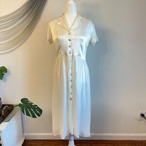 VTG Beth Schaeffer Mother of Pearl Button Cream Midi Satin Dress French Sz L